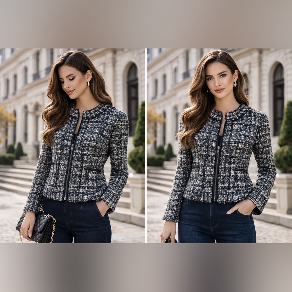Ann Taylor Tweed Jacket Black White Zip Pocket Size 6
